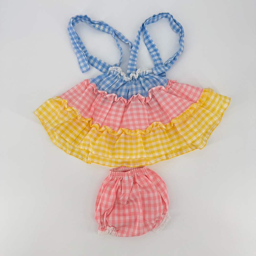 Vintage Gingham Ruffle Sunsuit Set 9 Months Blue Pink Yellow Bloomers